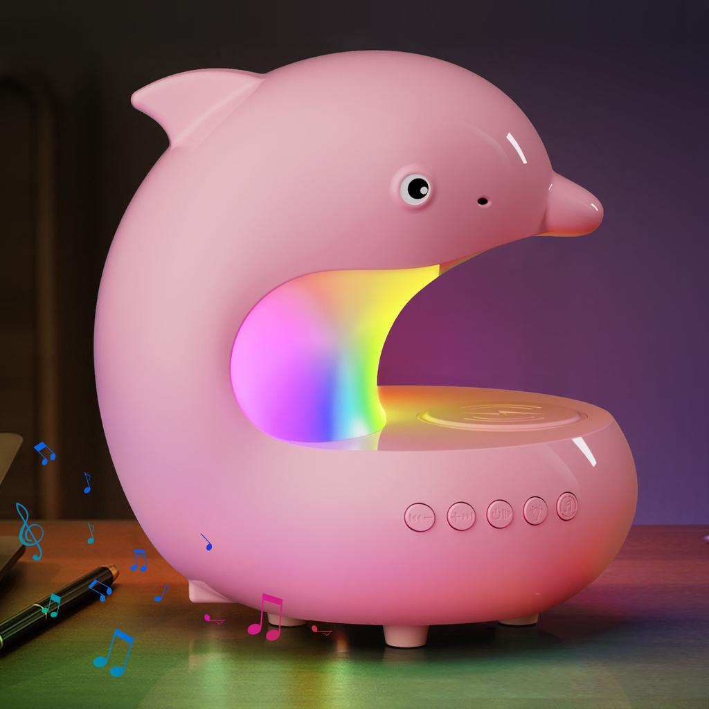Cute Dolphin RGB Atmosphere Night Light with Bluetooth Speaker & 15W Wireless Phone Charging for Home Bedroom Beside Table Lamp