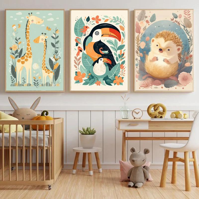 Cartoon Lion Giraffe Fox Nursery Wall Art Print Poster Baby Bedroom Cute Animal Canvas Painting Modern Room Aesthetic Decoration