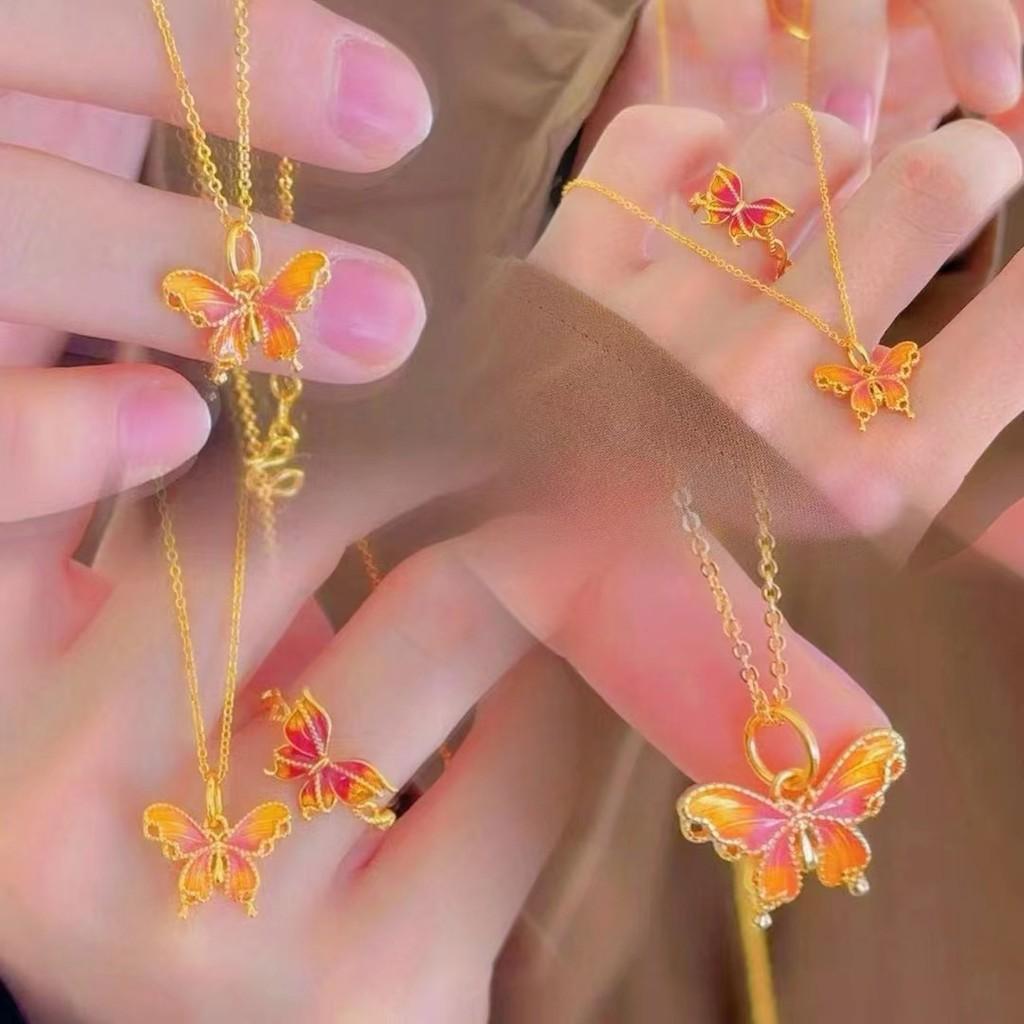 Plated Glamorous Gold Butterfly Jewelry Set With Adjustable Ring And Pendant Dreamy