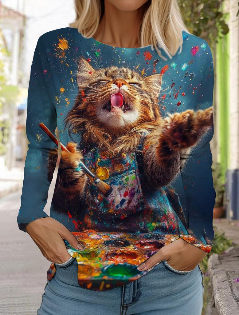 Felpa da Donna Designer Girocollo Manica Lunga Moda Casual Carina Gatto Animale Stampa Modello Top