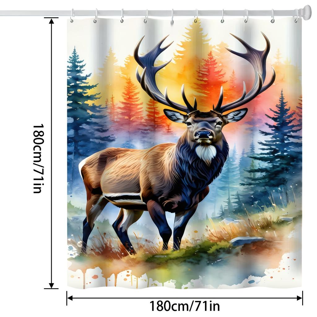 1pc Majestic Elk In Wilderness Art Shower Curtain - Vibrant Forest & River Scene, Digital Print, Polyester, Machine Washable