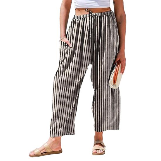 

Pants Elastic Waist Striped Design Casual Trousers Wide Leg with Pockets Work Travel School All 2XL
