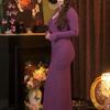 Elegant French Lace Patchwork Mermaid Gown - Slim Fit Long Sleeve Dress for Women