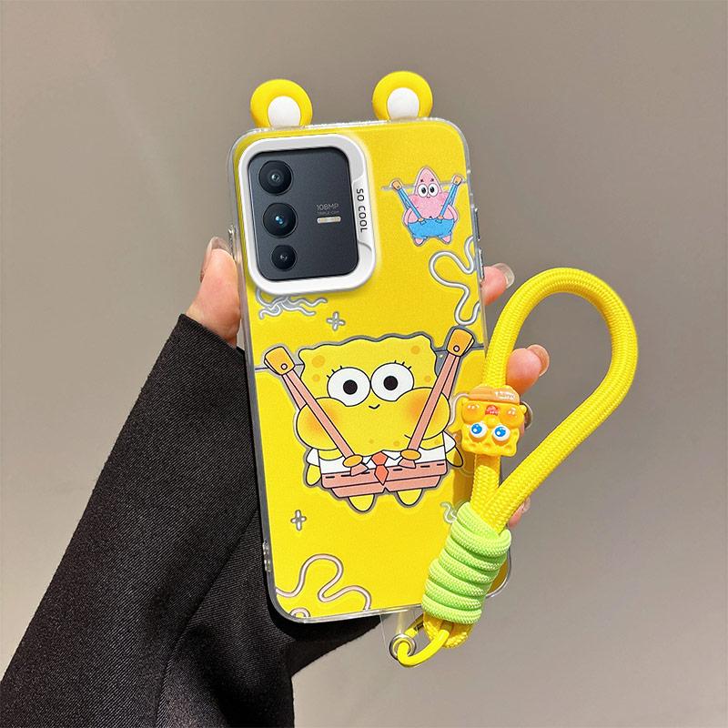 KEYSION Cute Ear Cartoon Case for VIVO V23 5G with Lanyard Soft Silicone+PC Shockproof Phone Back Cover for VIVO V23 5G