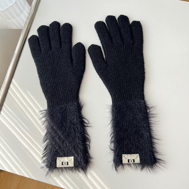 Autumn and winter dopamine solid color warm five-finger gloves versatile knitted cute student girl sweet long cycling sleeves