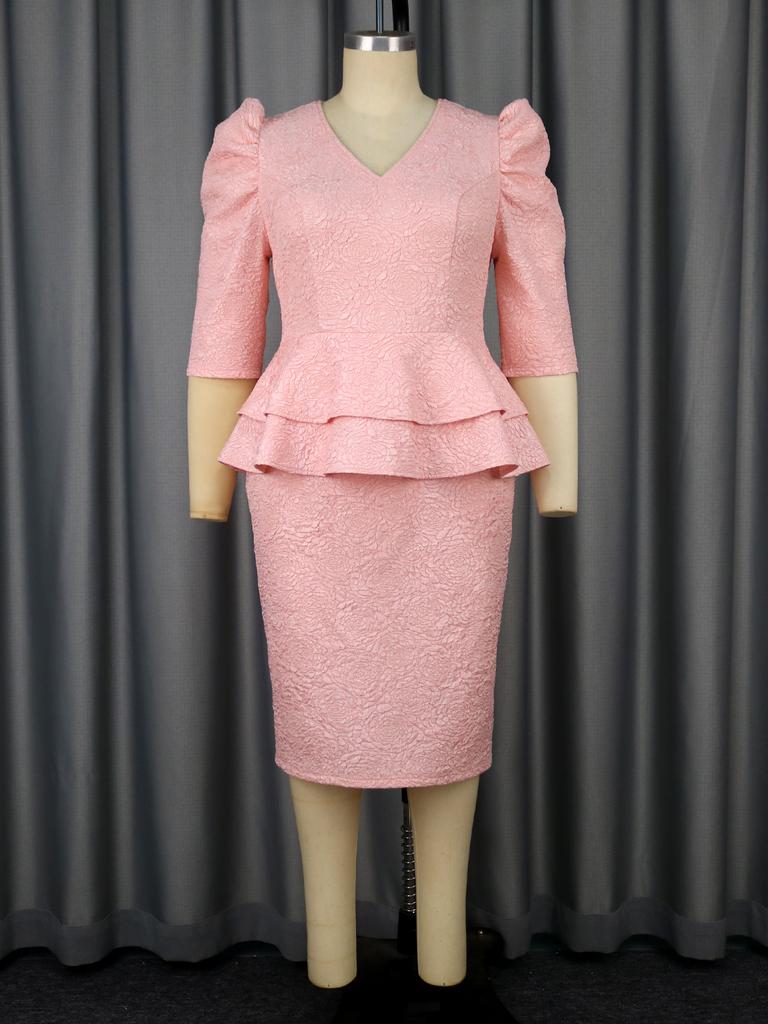 Peplum Jacquard  Midi Dresses for Women with Puff Sleeves and Layered Waist Detail for Church Weddings and Elegant Formal Events