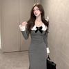 Temperament French Gray Doll Collar Dress Women's Early Spring Long-sleeved Slim-fitting Design Sense Niche Hip-wrapped Fishtail Long Dress