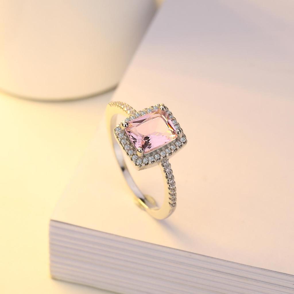 Zhenrong Multi-Color Gemstone Square Diamond Ring, European & American Classic, 925 Silver-Plated Engagement Jewelry.