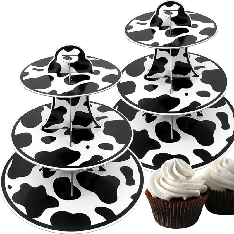 3 Level Dessert Display Tower for Kids Birthday Celebration Cupcake Holder Elegant Cow Print Cake Storage Stand
