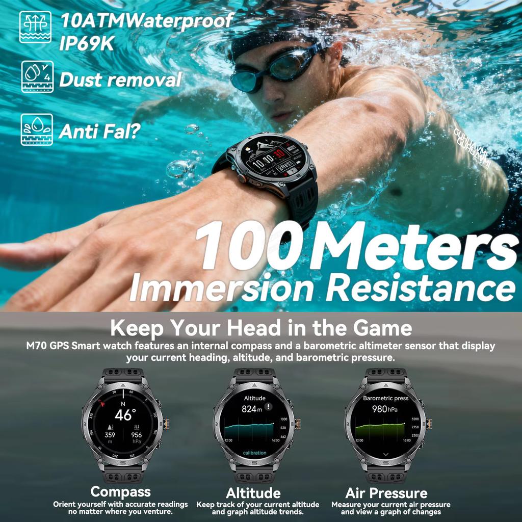 New 1000mAh Big Battery GPS Smart Watch Men 10ATM Waterproof Rugged Military Clock Map Path Tracking Bluetooth Call Smartwatch