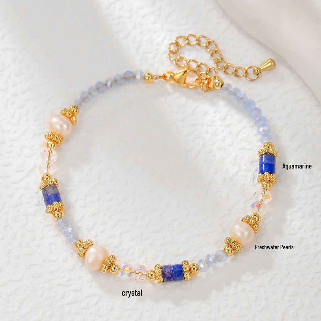 Set di Gioielli Cristallo e Perle d'Acqua Dolce Autunno & Inverno: Bracciale Collana con Acquamarina per Ragazze di Primavera
