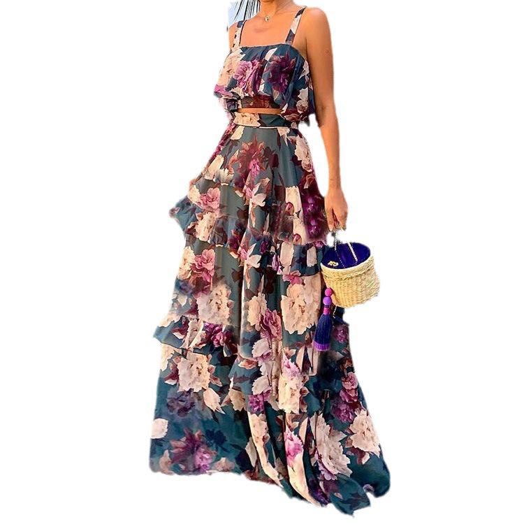 European & American Women's Beach Vacation Two-Piece Set: Print Camisole Top with Long Cake Skirt