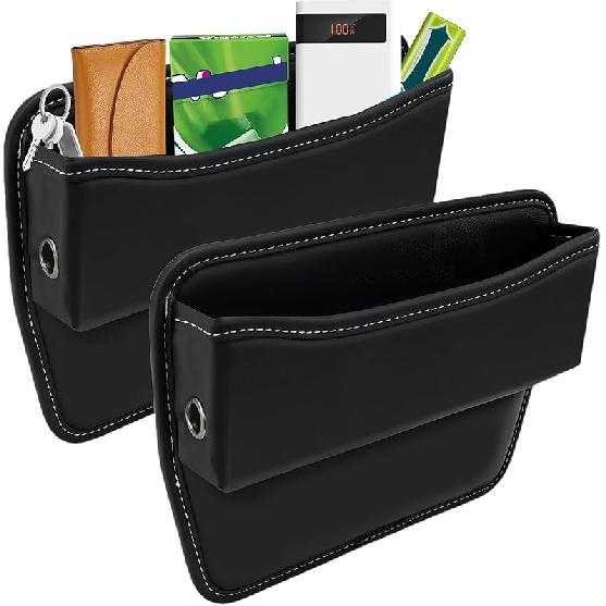 2026 Upgraded 2 PC (L+R) Premium PU Leather Car Seat Gap Filler Organizer With Cup Holder & Storage Slot/Bag– Fits Front Seat, Holds Phone,