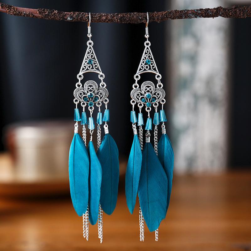 Bohemian Ethnic Long Feather Earrings For Women Retro Elegant Colorful Rhinestone Crystal Drop Earring Female Jewelry Pendientes