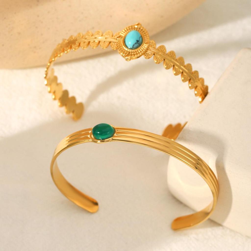 French Retro Malachite Stainless Steel Open Bangle - Non-fading Titanium Steel Women's Bracelet
