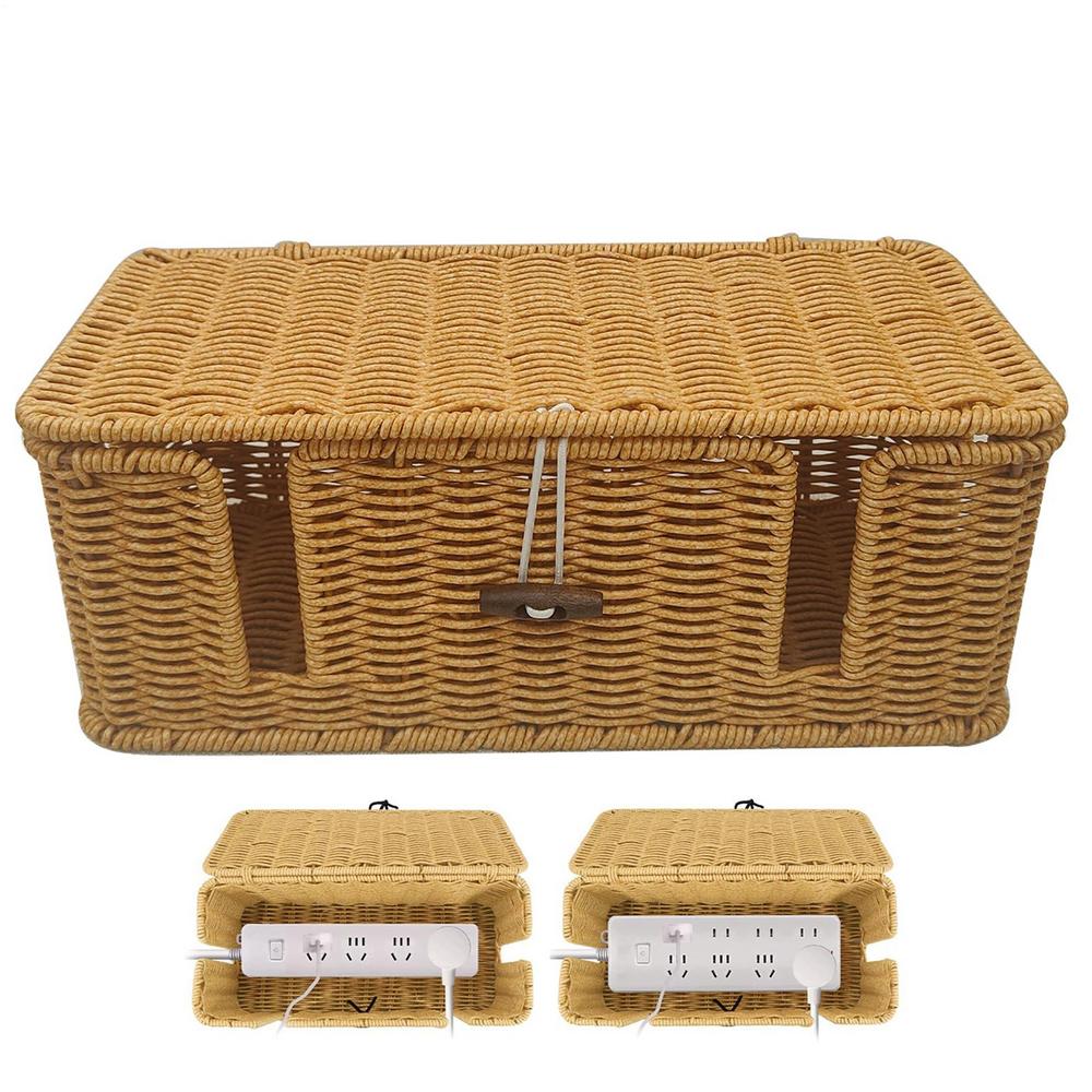 Handwoven Cable Management Box 4 Open Slots Imitation Rattan Cord Organizer For TV Wires, Computer, Router, USB Hub