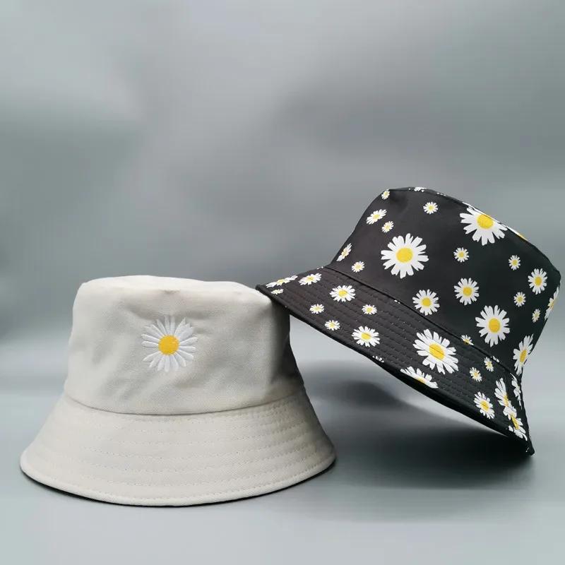 Fashion Fresh Double-sided Daisy Embroidery Summer Daisies Bucket Hat Unisex Fashion Cotton Beach Sun Floral Hat Fisherman Hat
