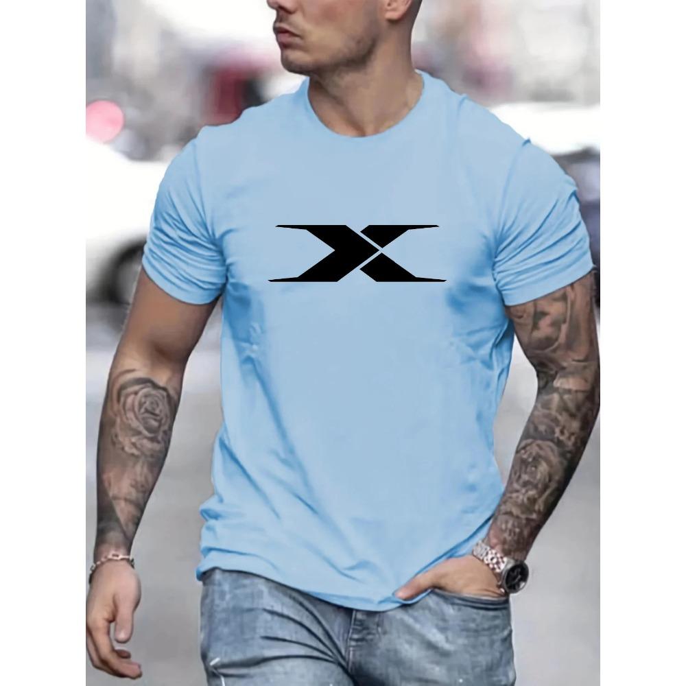 Summer men's 100% cotton casual loose fit large X letter print round neck short sleeved T-shirt top High Street Unisex style