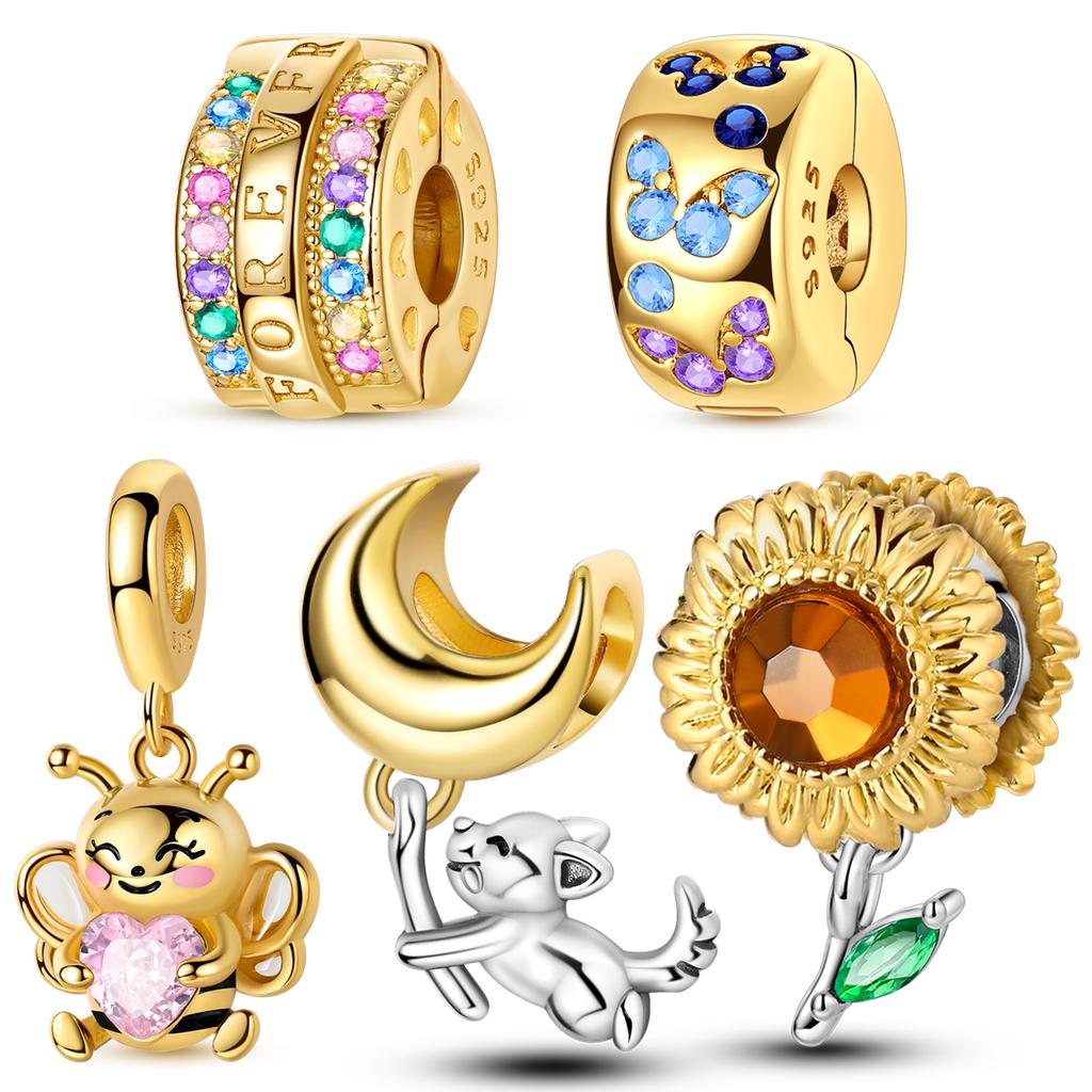 Gold Serie DIY Charms Perlen Original 925 Silber Eingelegt Zirkonium Sonne Leopard Anhänger Passend Armband Schmuck Geschenk Kennzeichnung