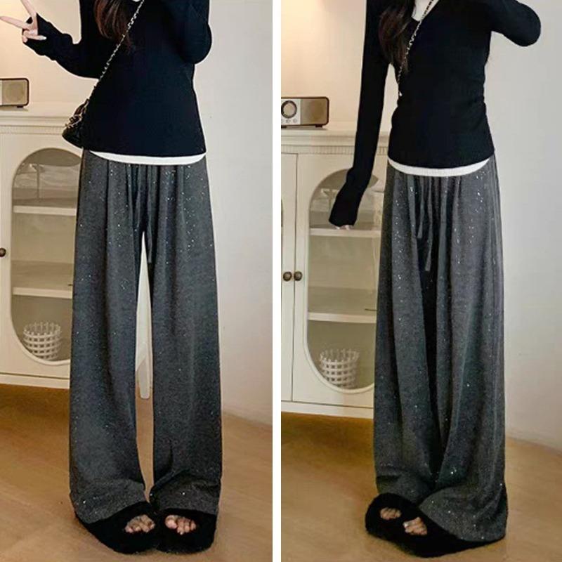 Autumn Winter Elastic High Waist Loose Casual Sequins Wide Leg Pants Women All-match Straight Sweatpants Trousers