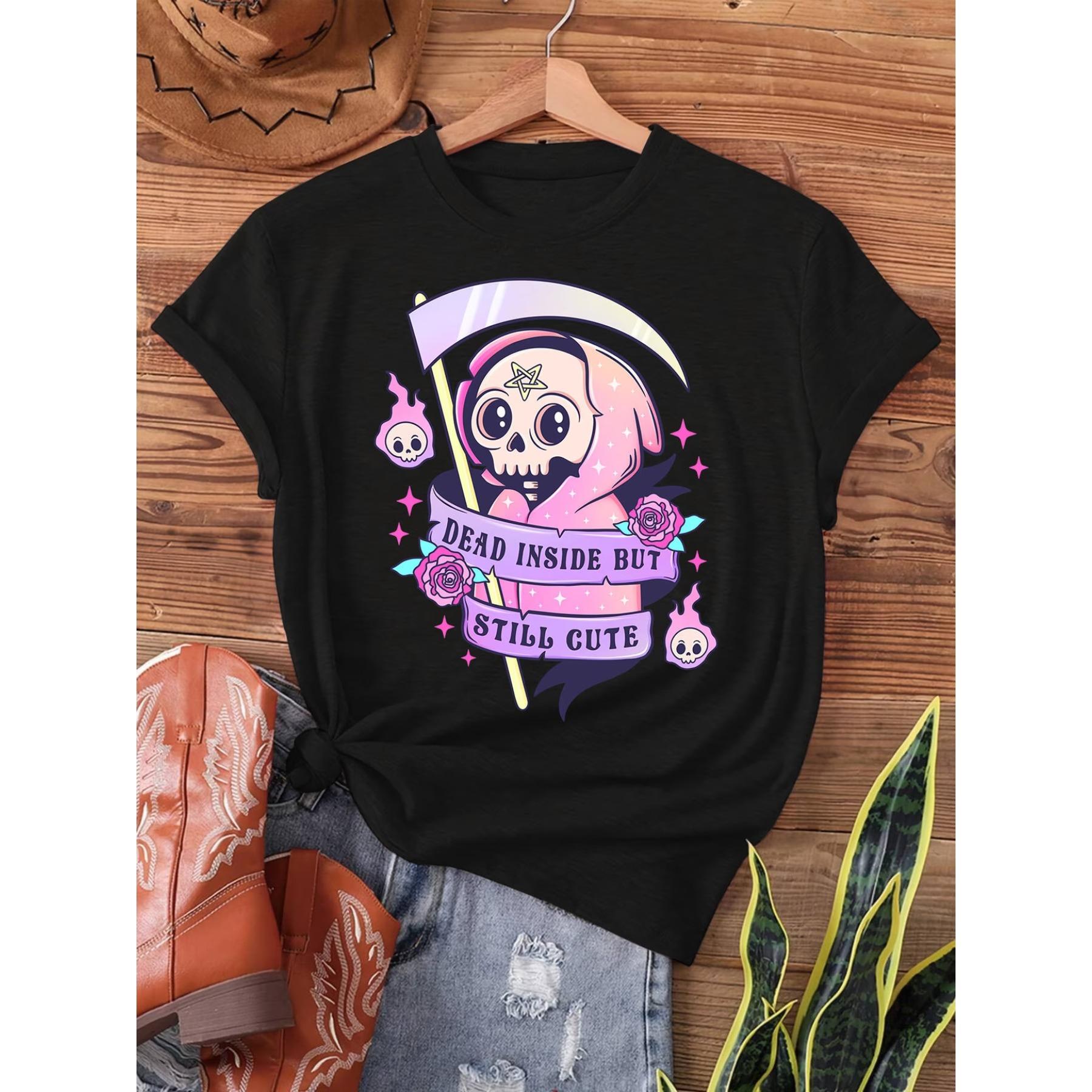 Purple Gothic Rose Skeleton Holding A Scythe, Soft Gothic Rose Skeleton, Print T-Shirt,Casual Top for Summer and Spring, Women S Apparel S чёрный