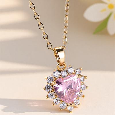Damen Kristall Zirkon Rosa Stein Herz Anhänger Halskette Vintage Goldfarbe Hochzeit Für Frauen