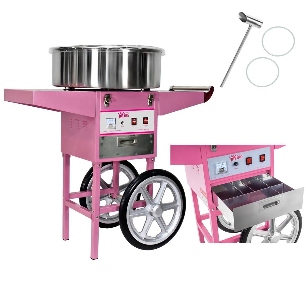 Mobile cotton candy machine without lid on wheels
