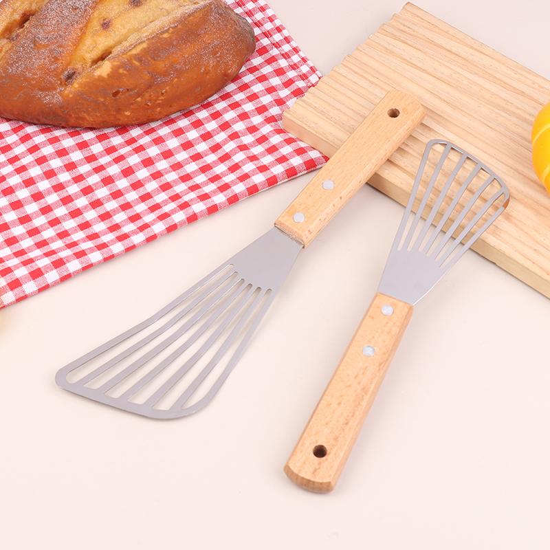 Stainless Steel Slotted Turner Fish Frying Shovel With Wooden Handle Fan-Shaped Shovel Household High-Temperature Frying Shovel