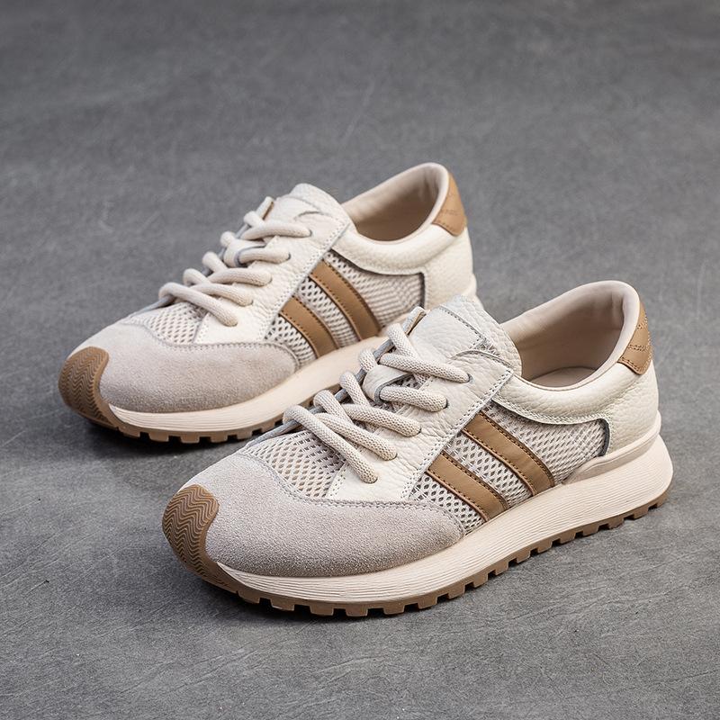 Johnature Sports Casual Women's Shoes Breathable Mesh Splicing Genuine Leather Lace Up Comfortable Sneakers
