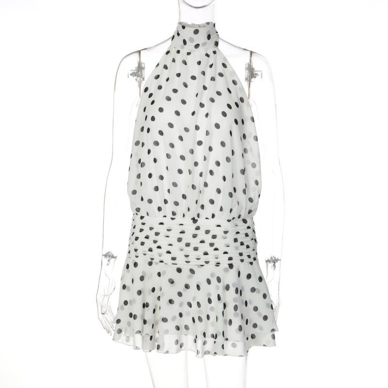 European and American style spring new product fashion neck halter A character thin polka dot printed lace-up dress S