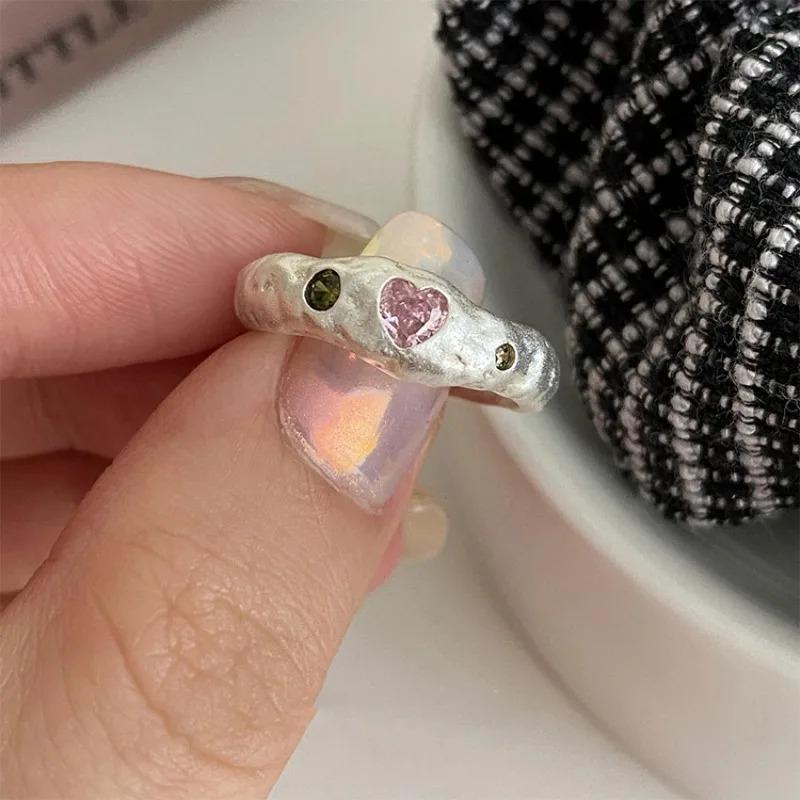 Sweet Personality Adjustable Irregularly Texture Heart-shaped Pink Crystal Ring for Woman Girls Korean Y2K Jewelry Gift