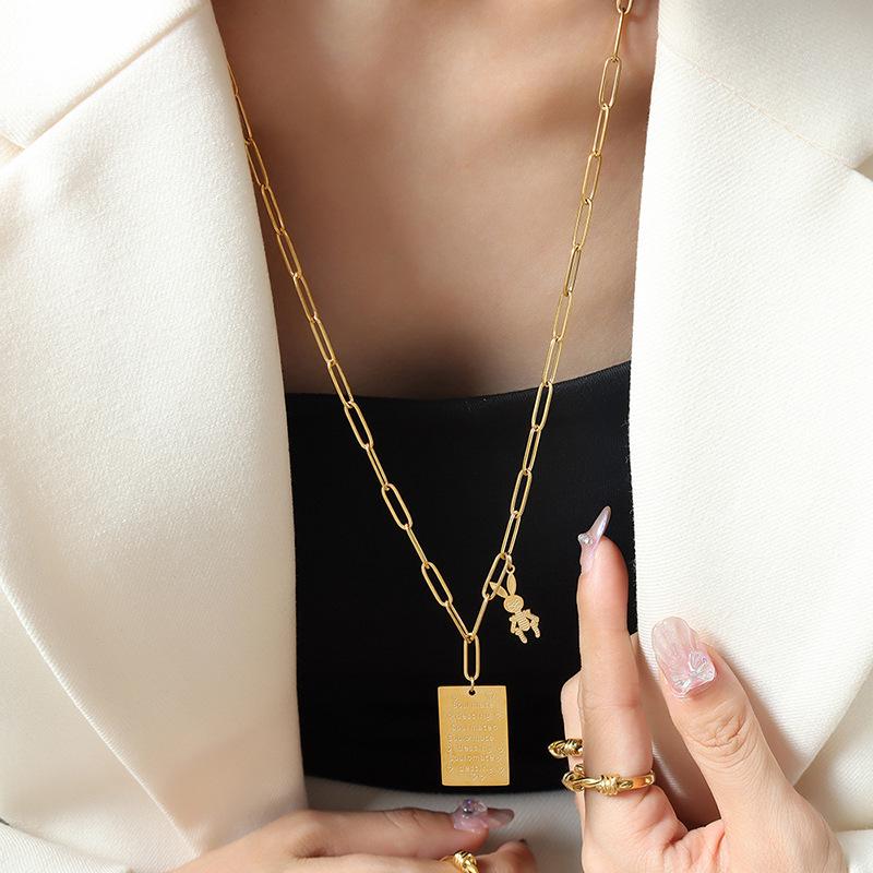 Love Letter Rabbit Pendant Necklace: Rectangle, Long Chain, Fade-Resistant Gold-Plated Titanium Steel.