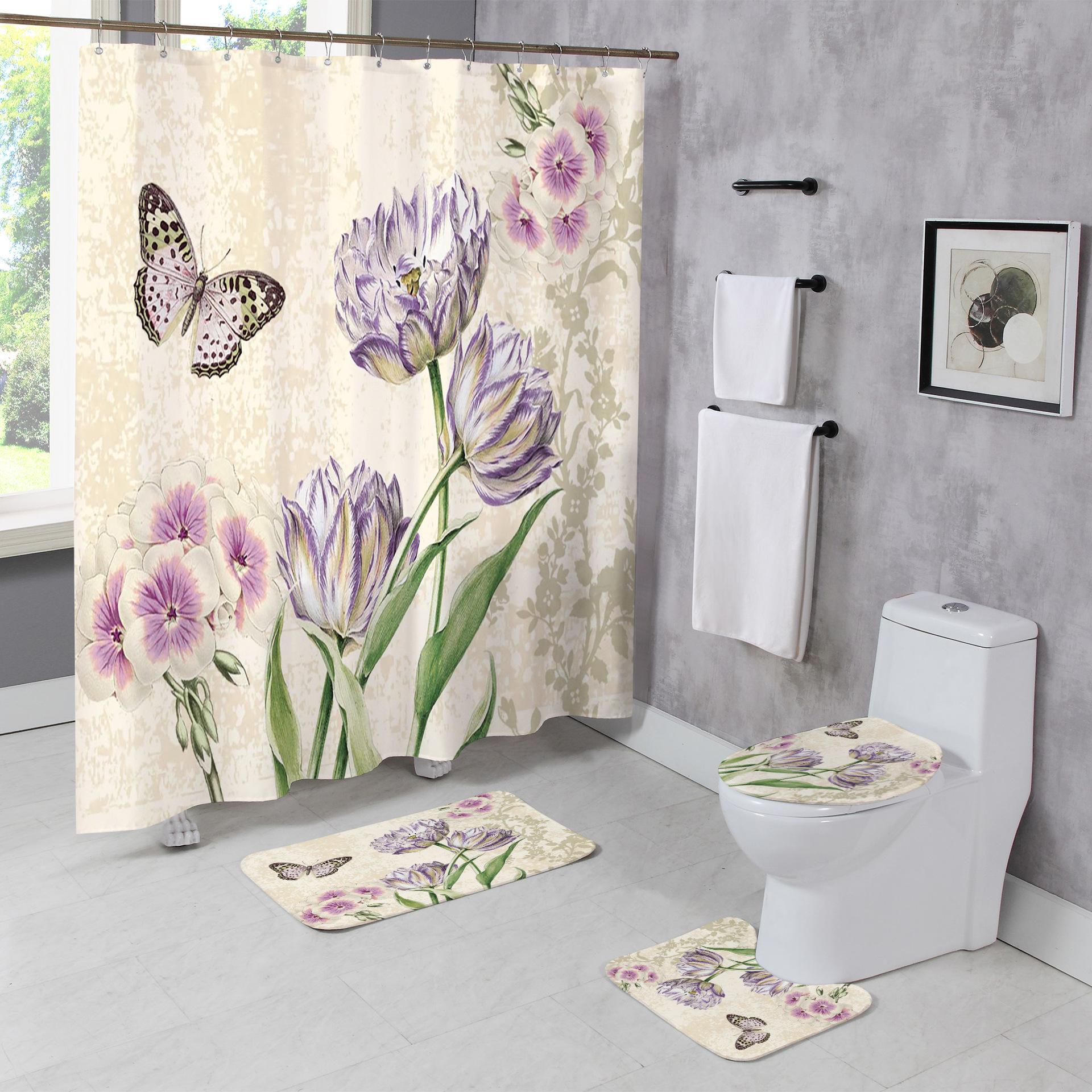 

Hot-Selling Door Curtain Printed Shower Curtain Carpet Floor Mat Set, Bathroom Toilet Mat Set And Bathroom Curtain Set Shower curtain
