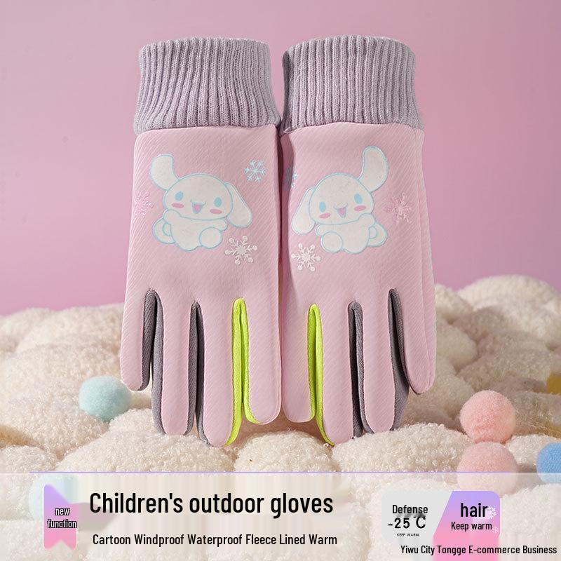 Kids' Winter Gloves: Fleece-Lined, Warm, Non-Slip, Waterproof for Skiing, Cycling, and Playing, with Cute Ribbed Cuffs and Five Finger Design.