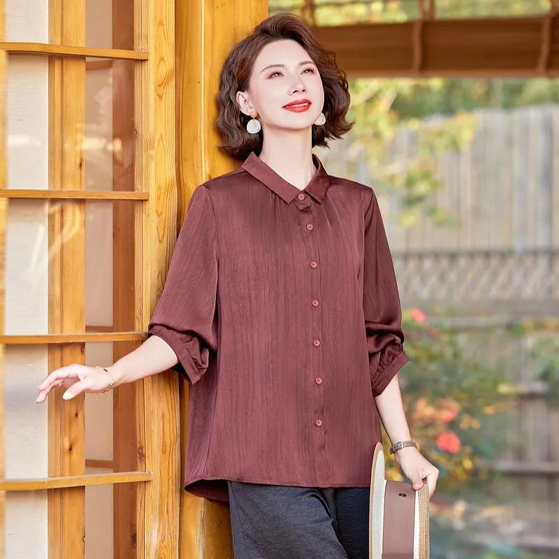 Damen Freizeit Hemdbluse Halbarm Lockerer Schnitt Einfarbige Sommerbluse für Mittleren Alters