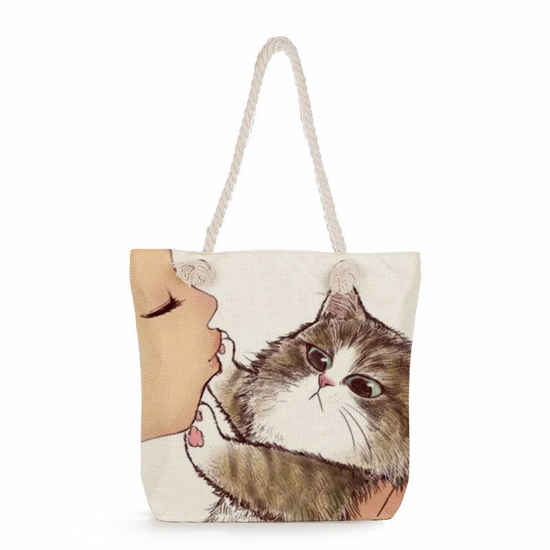 Multifunctional Cute cat Printed Thick Rope Shoulder Beach Bag 7584