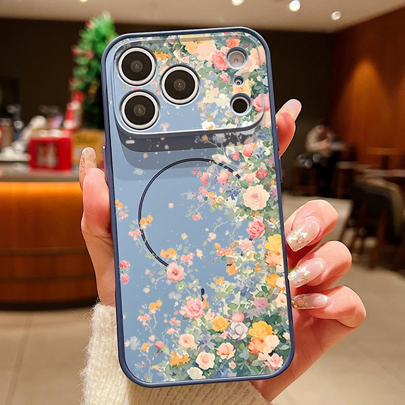 Colorful Rose Pattern Magnetic Phone Case For iPhone 17 Pro 16 15 14 13 Pro Max For Magsafe Wireless Charge Lens Protect Cover