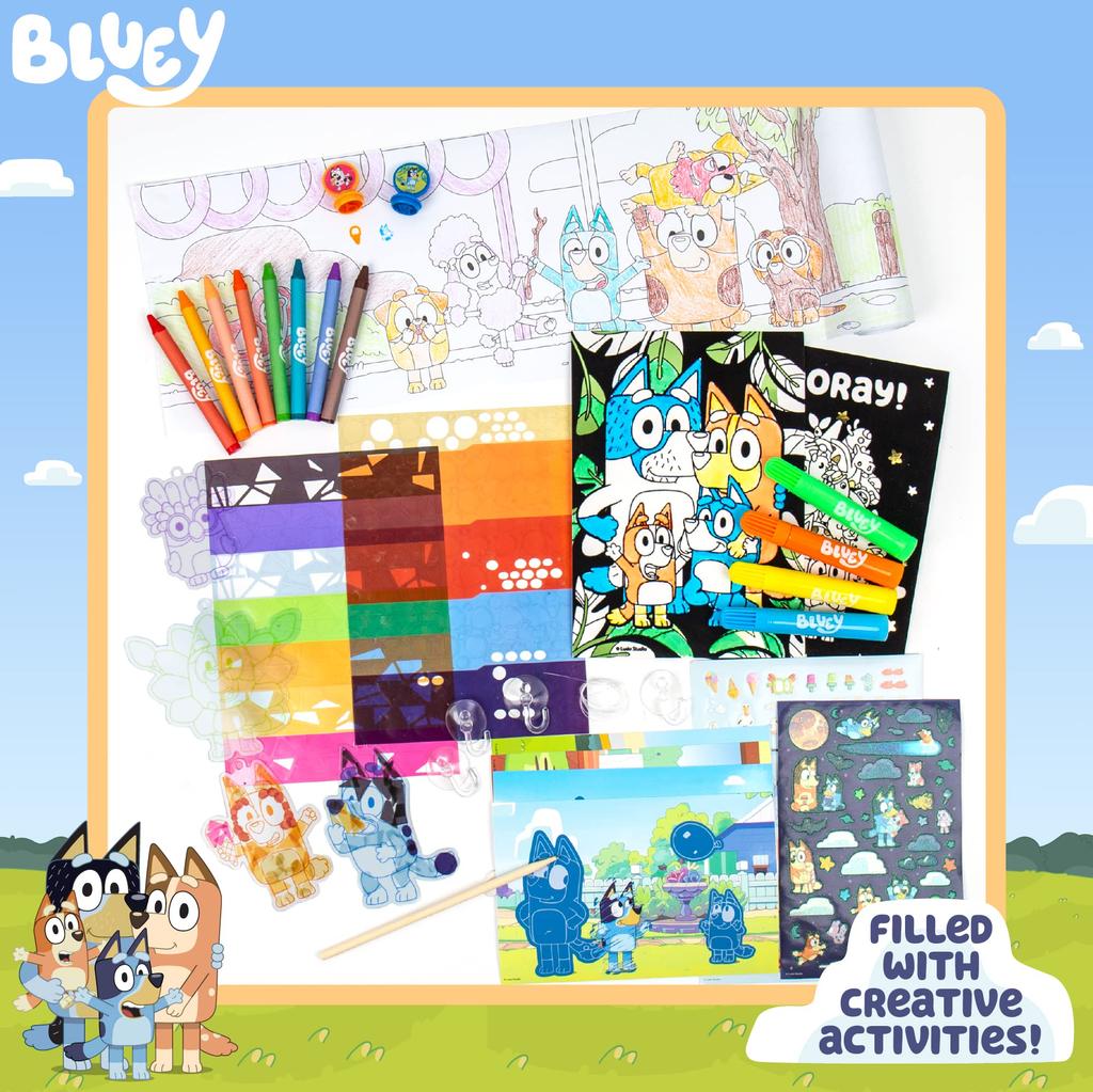 Bluey Ultimate Activity Backpack with 4 Sticker 4 Suction 4 Surprise Scratch 2 1 Roll of Coloring 4 Gifts for Kids 10+ Activities, Suncatchers, Cups,