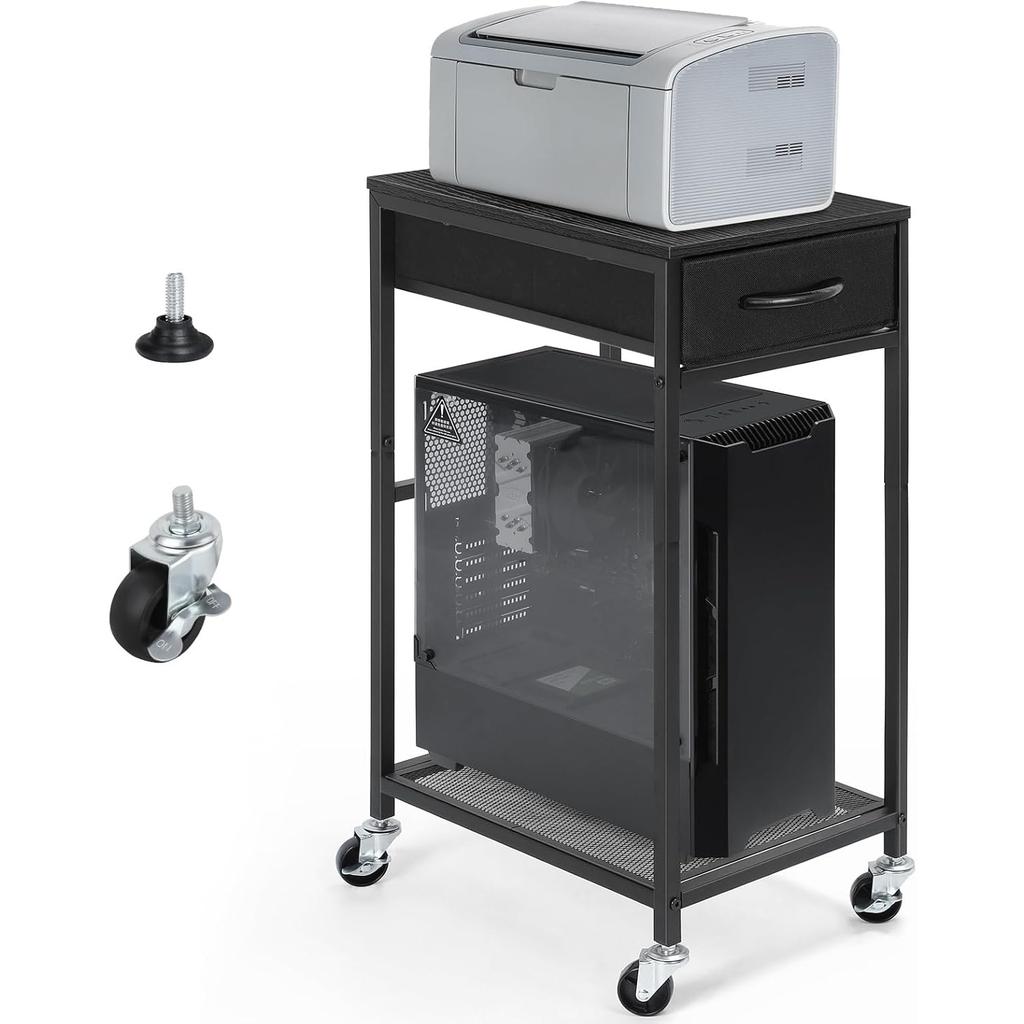 Rolling PC Tower Stand with Wheels - 2 Tier CPU Holder & Storage Drawer, Mobile Cart for Home/Office (Rustic Brown)