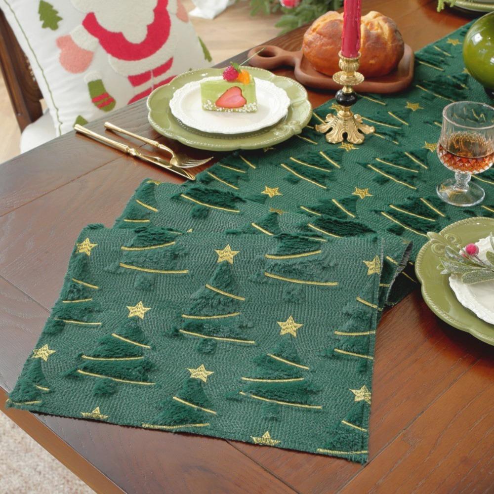 

Рождественская скатерть-дорожка пушистая вышитая зеленая праздничный декор на обеденный стол накидка 35*140