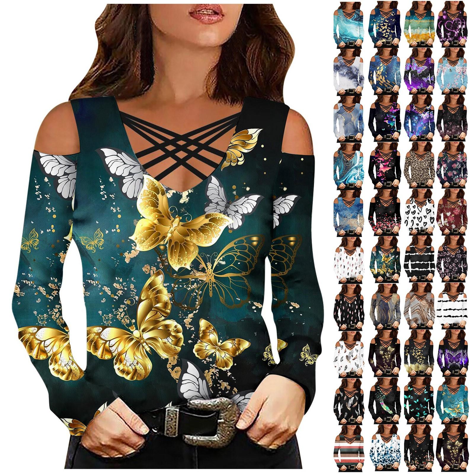 

Женская мода, повседневный топ с v-образным вырезом и перекрестной полосой, с открытыми плечами и длинными рукавами, с цветочным принтом