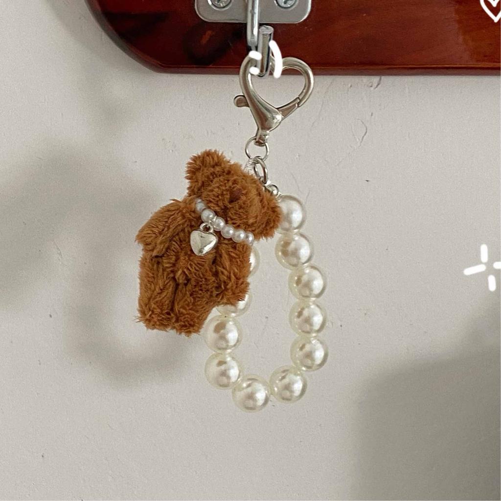 Kawaii Teddy Bear Mobile Phone Chain Pearl Beaded Bracelets Cute Doll Bag Charms Pendant Keychain Girl Heart Hanging Ornament