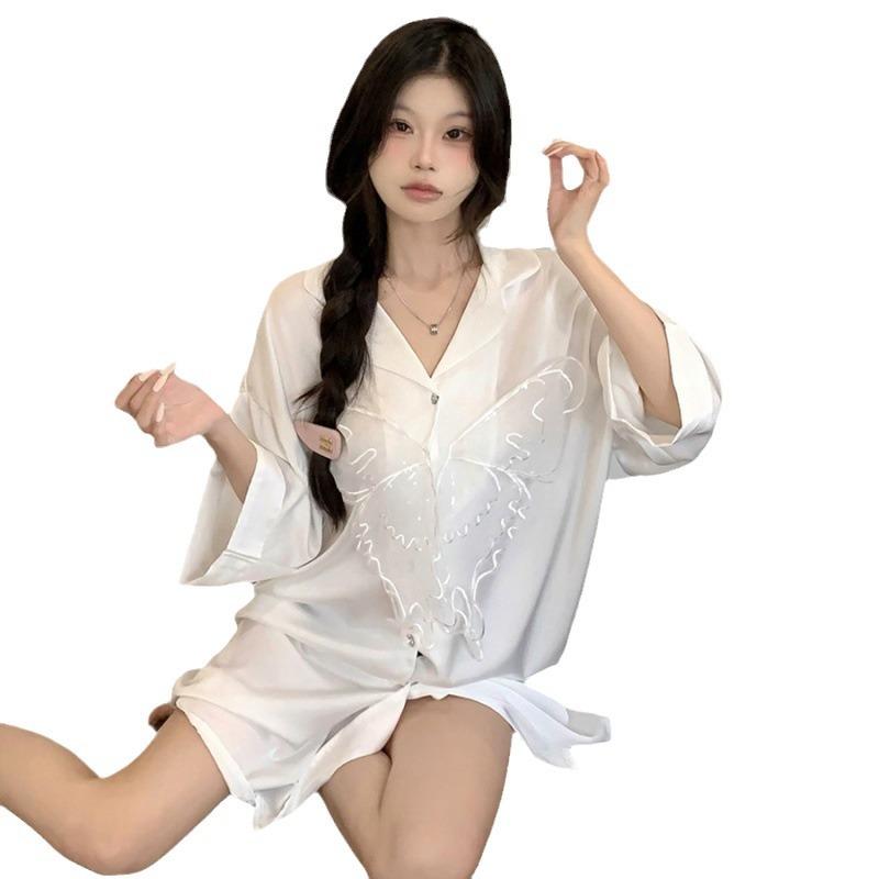 Sexy Pajamas Women's Ice Silk Shirt Skirt Pure Wind Can Be Worn Outside Cardigan Butterfly Silk Real Shot Loungewear