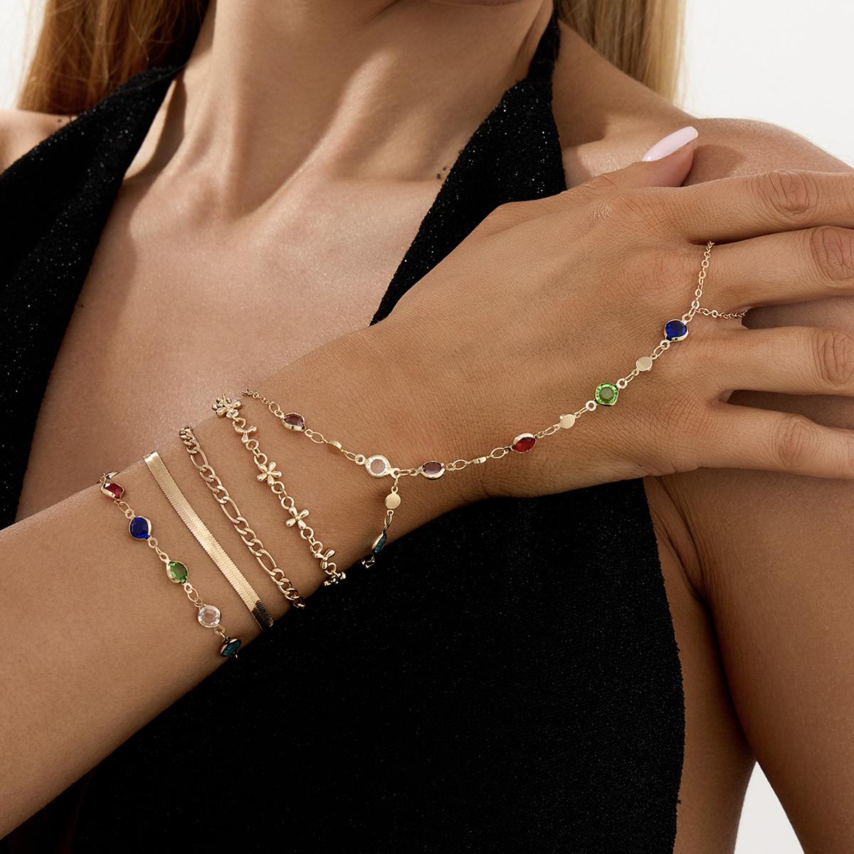 

Ingemark 5Pcs/Set Elegant Colorful Zircon Bracelet for Women Fashion Exquisite Finger Ring Connect Bangle Party Jewelry Gifts