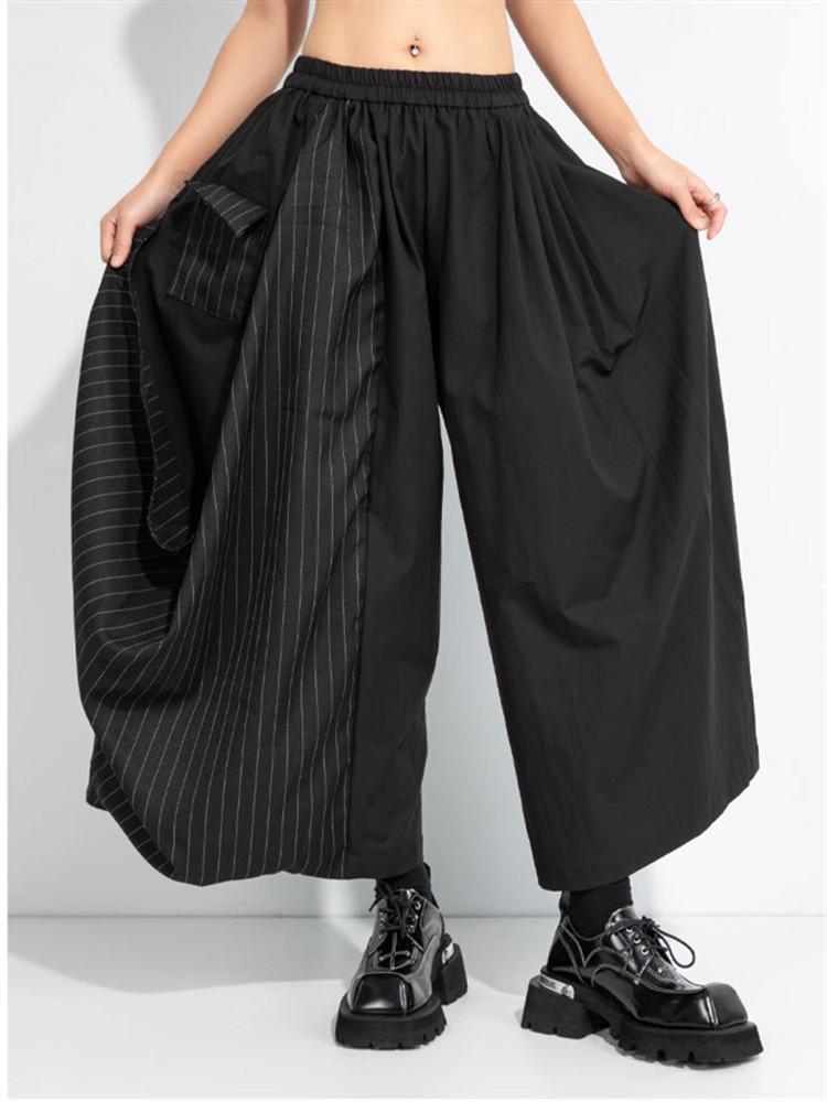 Black Stripe Plus Size Spring Autumn High Waist Wide Leg Pants Women Loose Casual Trousers