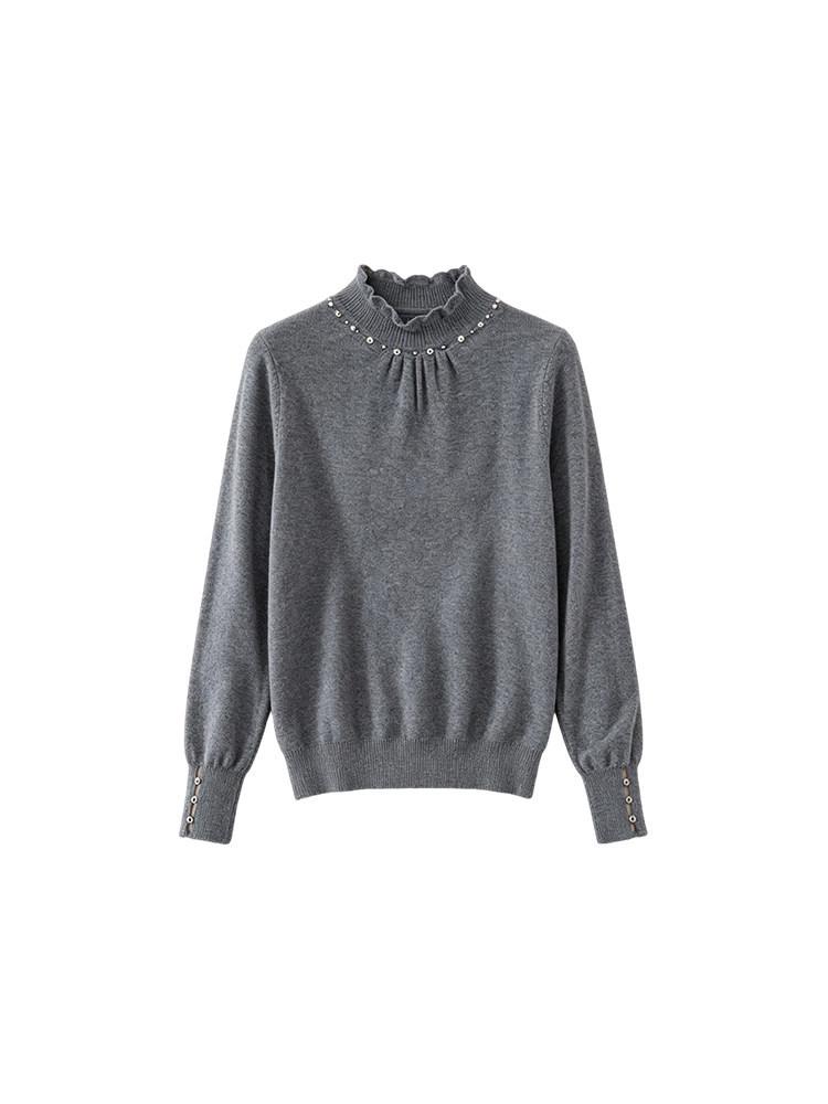 Chic Designer Beaded High Neck Knit Top - Slimming & Versatile for Early Autumn