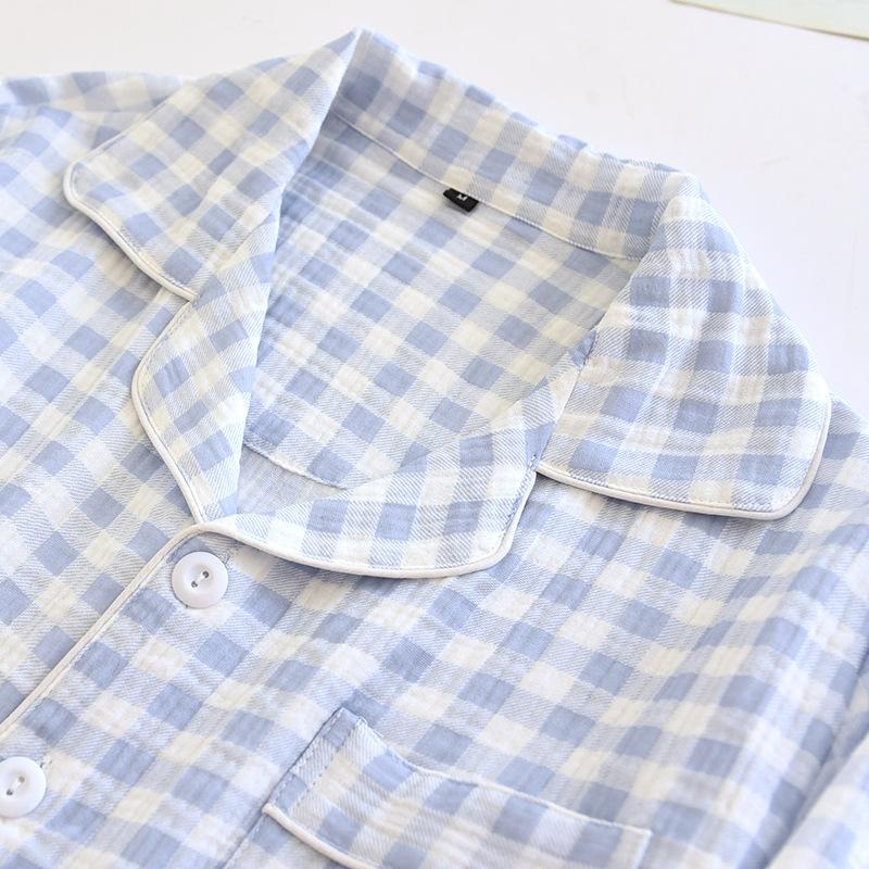 Updated Spring Couple Pajamas Kit 100 Cotton Long-sleeved Trousers Two-piece Plaid Mens and Womens Home Clothes