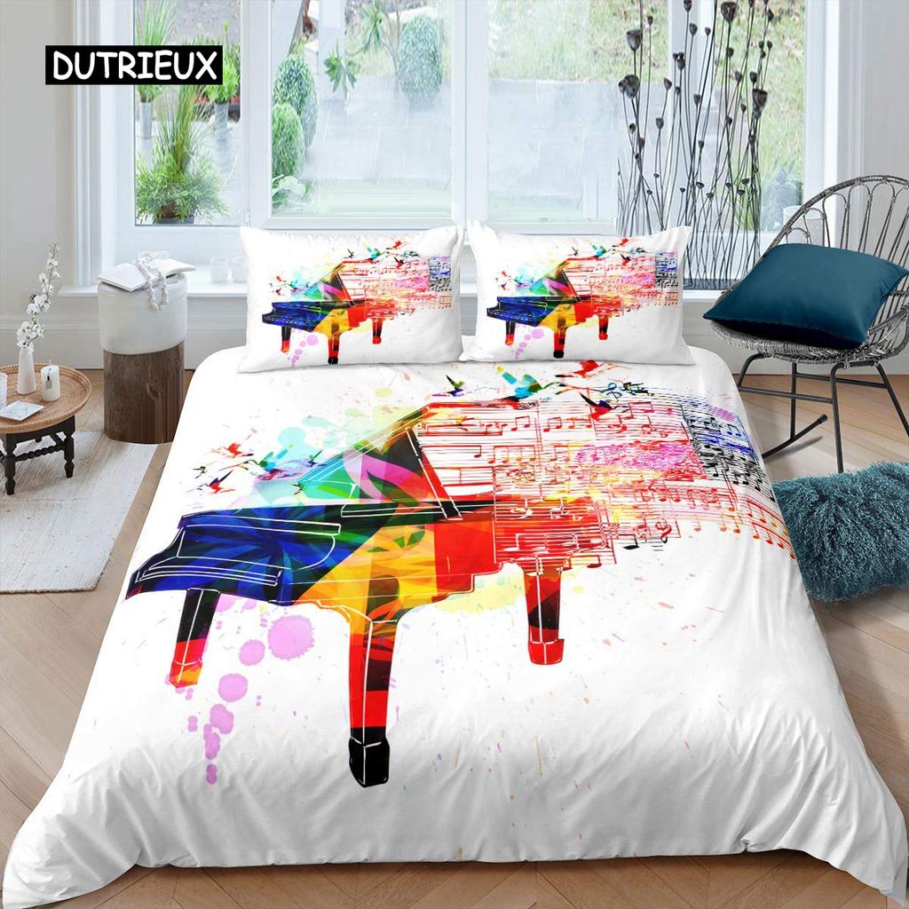 Piano Pattern Duvet Cover Microfiber Classic Music Themed 2/3Pcs Bedding Set Musical Pattern Geometric Stripe King Quilt Cover