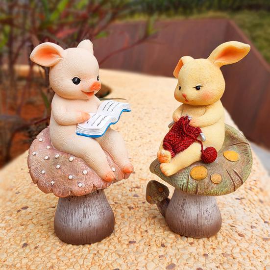 

Animal on Mushroom Figurine Garden Resin Reading Pig Statue Knitting Rabbit Ornament Little Pig