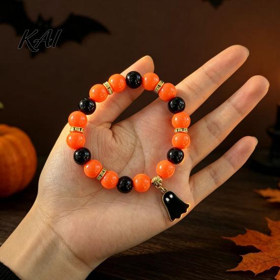 Handmade Beaded Elastic Wristbands Halloween Bracelet for Women, Orange Black Beads Stretch Decorative Ghost Pendant with Charm, Stackable Holiday